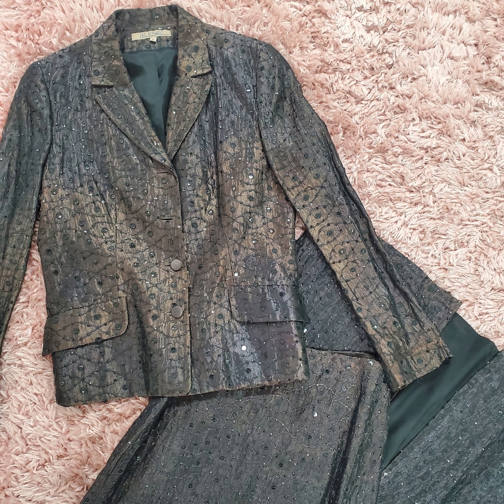 Vintage Del Rosario Brown Sequin Embellished Blazer and Skirt Set Size 8
